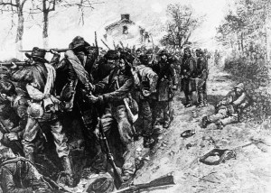 Confederate soldiers rake the field over which Union troops charged six times, from behind the stone walll at the Sunken Road, in  the blood Battle of Fredericksburg, Va., Dec. 1862.  Confederate Sgt. Richard Kirkland became known as the Angel of Marye's Heights when he brought water to wounded Union soldiers. (AP Photo)