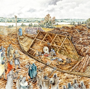 Sutton Hoo, Woodbridge, Suffolk.  Reconstruction drawing of the Sutton Hoo ship burial in 620 or 630 - by Peter Dunn (English Heritage Graphics Team).     Date: circa 620