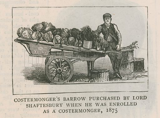 Costermonger's barrow purchased by Lord Shaftesbury when he was enrolled as a costermonger, 1875